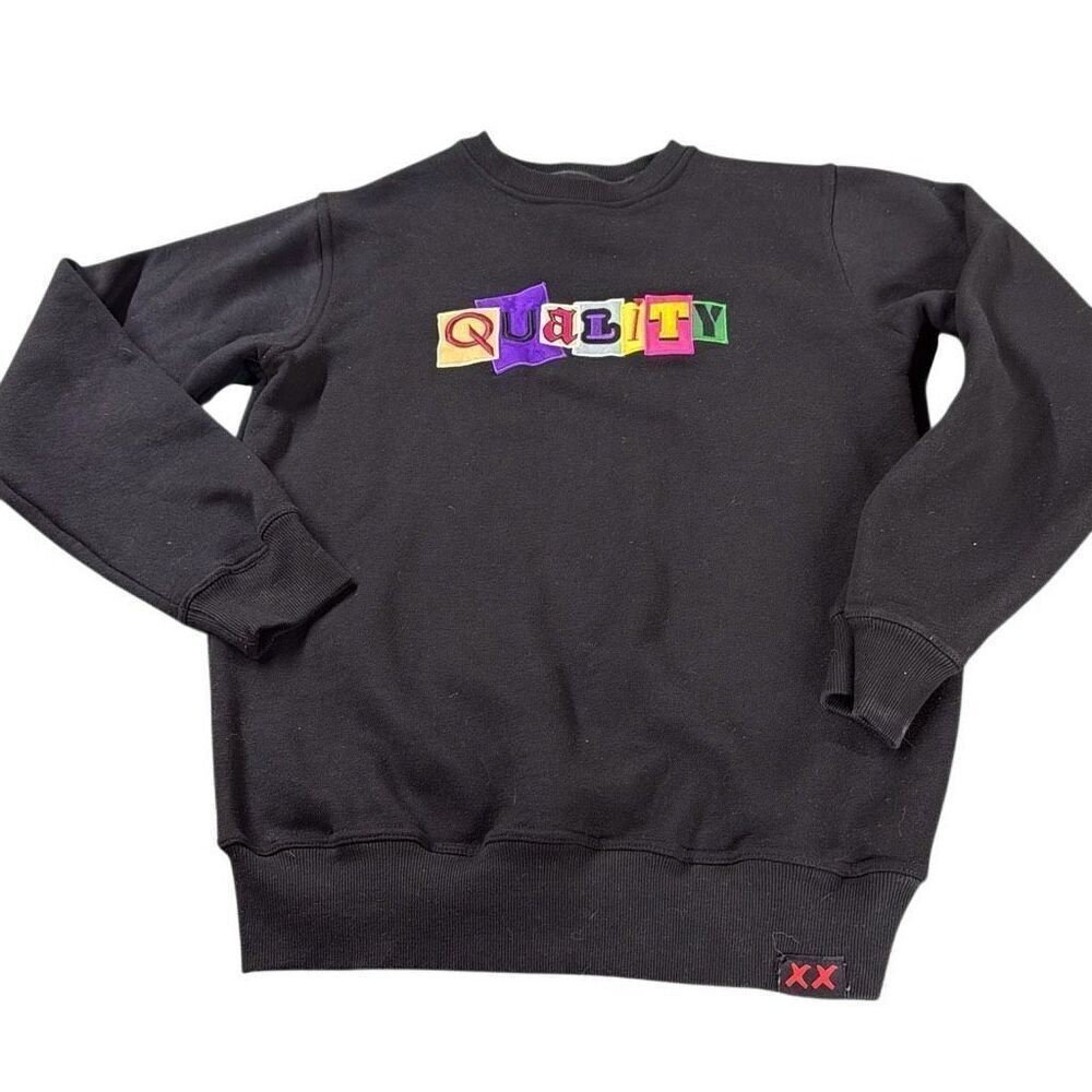 Quality Men Black Organic Cotton Embroidered Pullover Crewneck Sweatshirt Medium